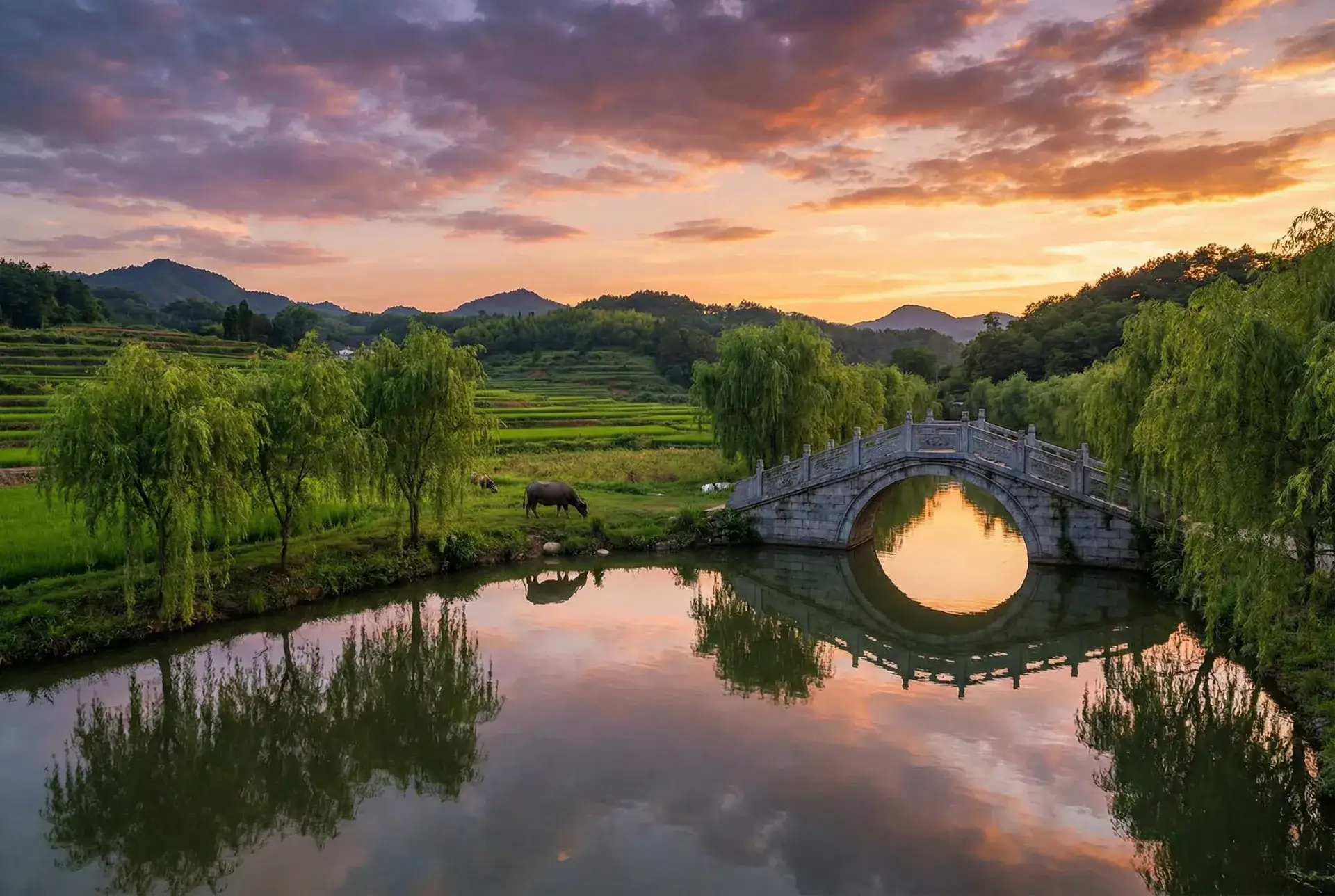夕阳下的石拱桥与垂柳，水牛在河边吃草 - 午夜香蕉AV一区二区三区 乡村美景